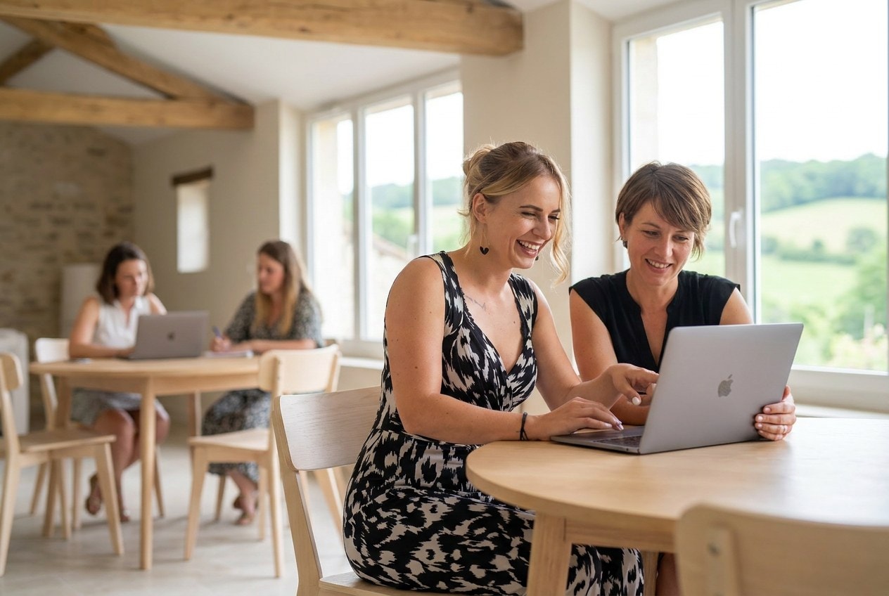 Des entrepreneuses échangent autour de la table, sur la terrasse face aux collines